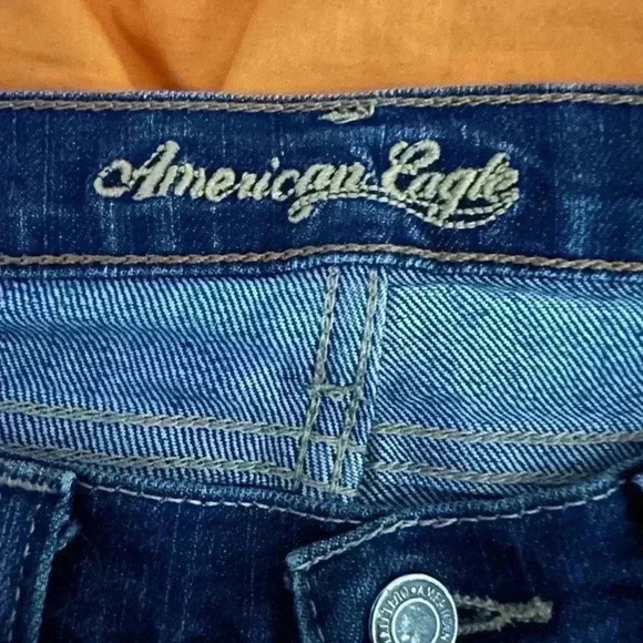 Vintage American Eagle Stretch Skinny Flare Size 4 Blue Denim Raw Hem - Picture 3 of 8